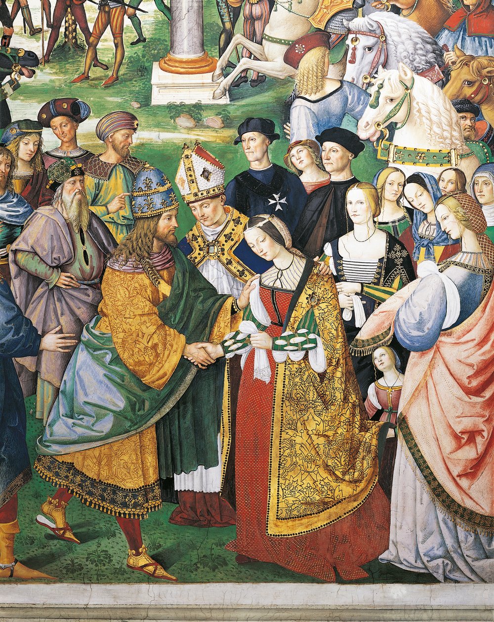 Itálie, Siena, katedrála, knihovna Piccolomini, Enea Silvio Piccolomini, biskup ze Sieny účastnící se korunovace Fridricha III. a Eleonory Aragonské, detail z Příběhů Pia II. od Bernardino di Betto Pinturicchio