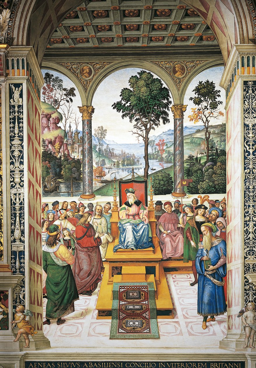 Itálie, Siena, katedrála, knihovna Piccolomini, Enea Silvio Piccolomini pronáší řeč před skotským králem Jakubem I., detail z Příběhů Pia II. od Bernardino di Betto Pinturicchio