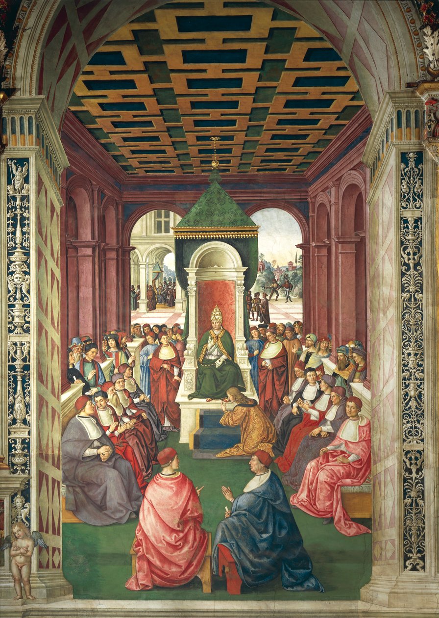 Itálie, Siena, katedrála, knihovna Piccolomini, Enea Silvio Piccolomini v aktu podrobení se papeži Eugeniovi IV., detail z Příběhů Pia II. od Bernardino di Betto Pinturicchio