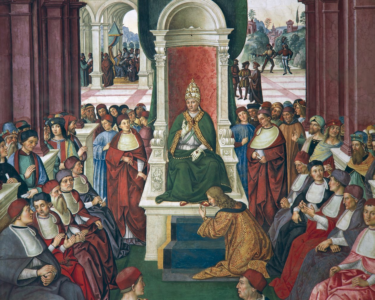 Itálie, Siena, katedrála, knihovna Piccolomini, Enea Silvio Piccolomini v aktu podrobení se papeži Eugeniovi IV., detail z Příběhů Pia II. od Bernardino di Betto Pinturicchio