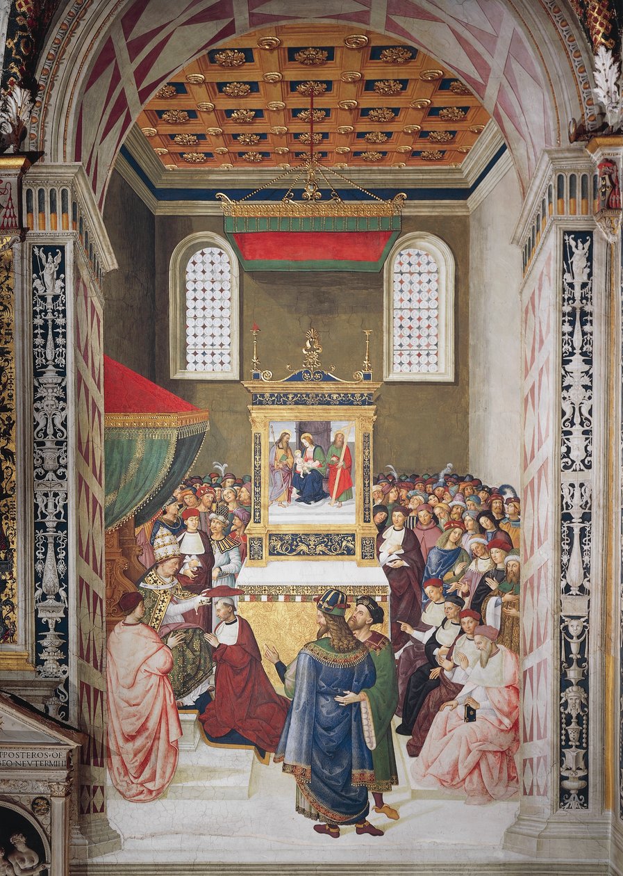 Itálie, Siena, Katedrála, Piccolomini Library, Enea Silvio Piccolomini přebírá kardinálský klobouk od Calixta III., detail z Příběhů Pia II. od Bernardino di Betto Pinturicchio