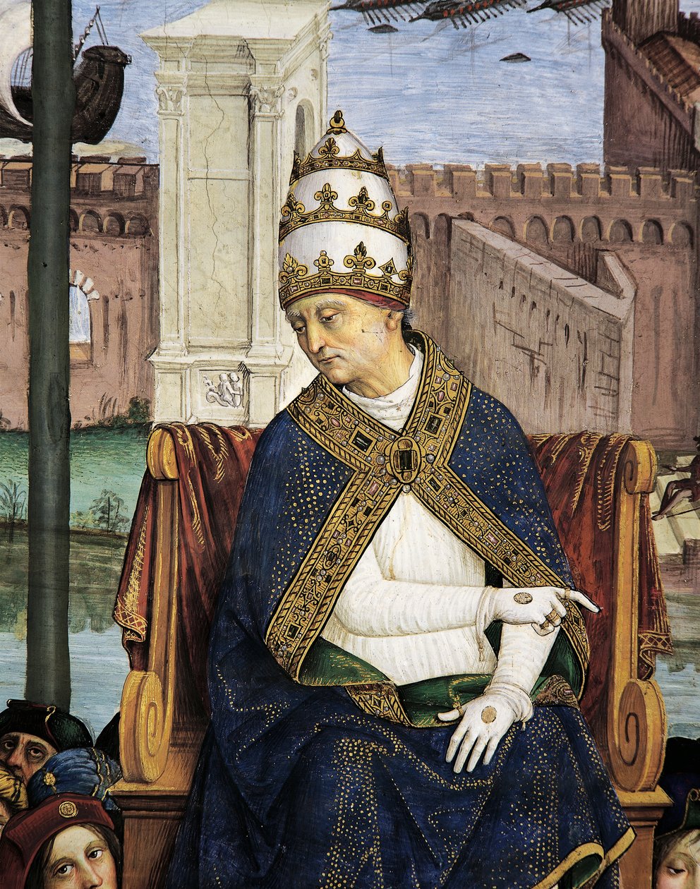 Itálie, Siena, katedrála, knihovna Piccolomini, Pius II přijíždí do Ancony, aby urychlil křížovou výpravu, detail z Příběhů Pia II. od Bernardino di Betto Pinturicchio