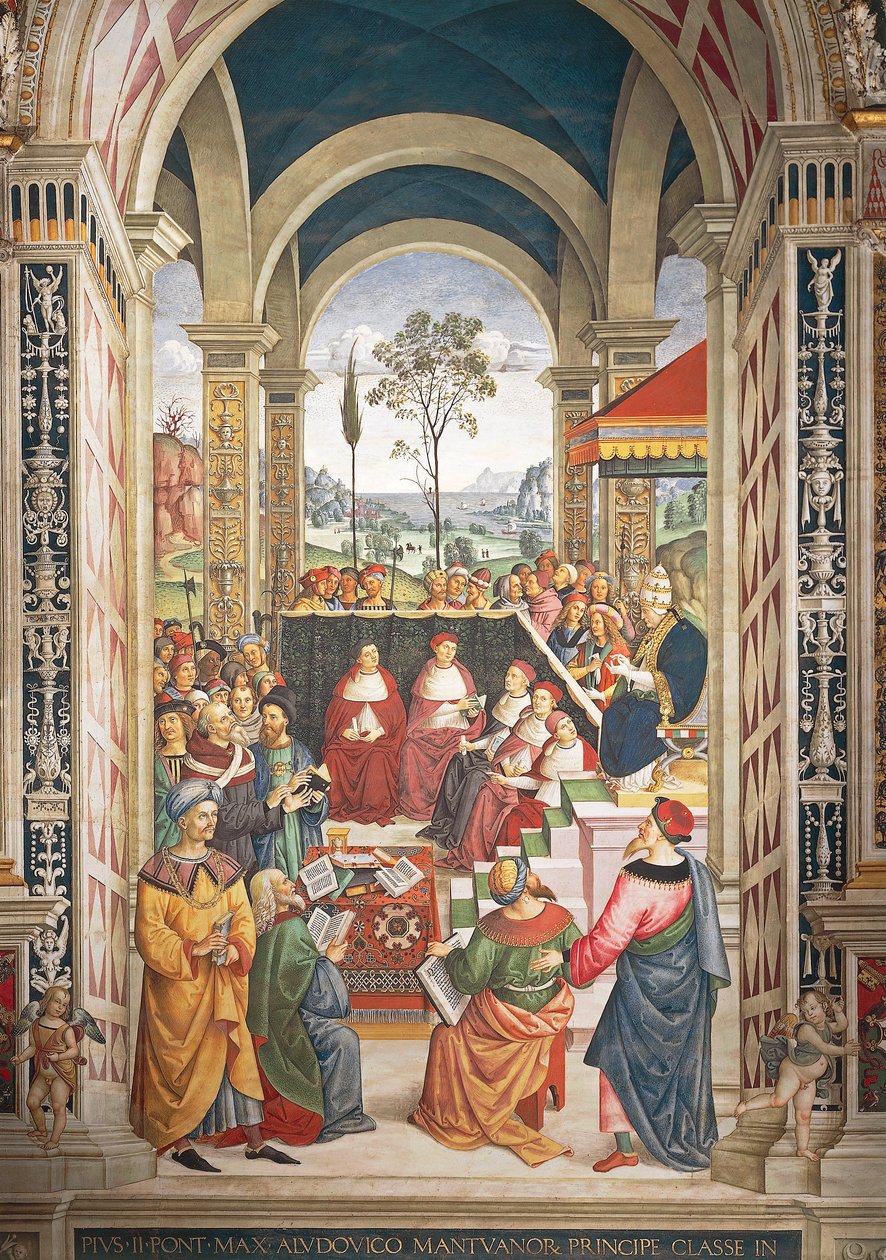 Itálie, Siena, katedrála, knihovna Piccolomini, Pius II. svolaný v Mantově kvůli dietě organizované za účelem plánování křížové výpravy proti Turkům, detail Příběhů Pia II. od Bernardino di Betto Pinturicchio