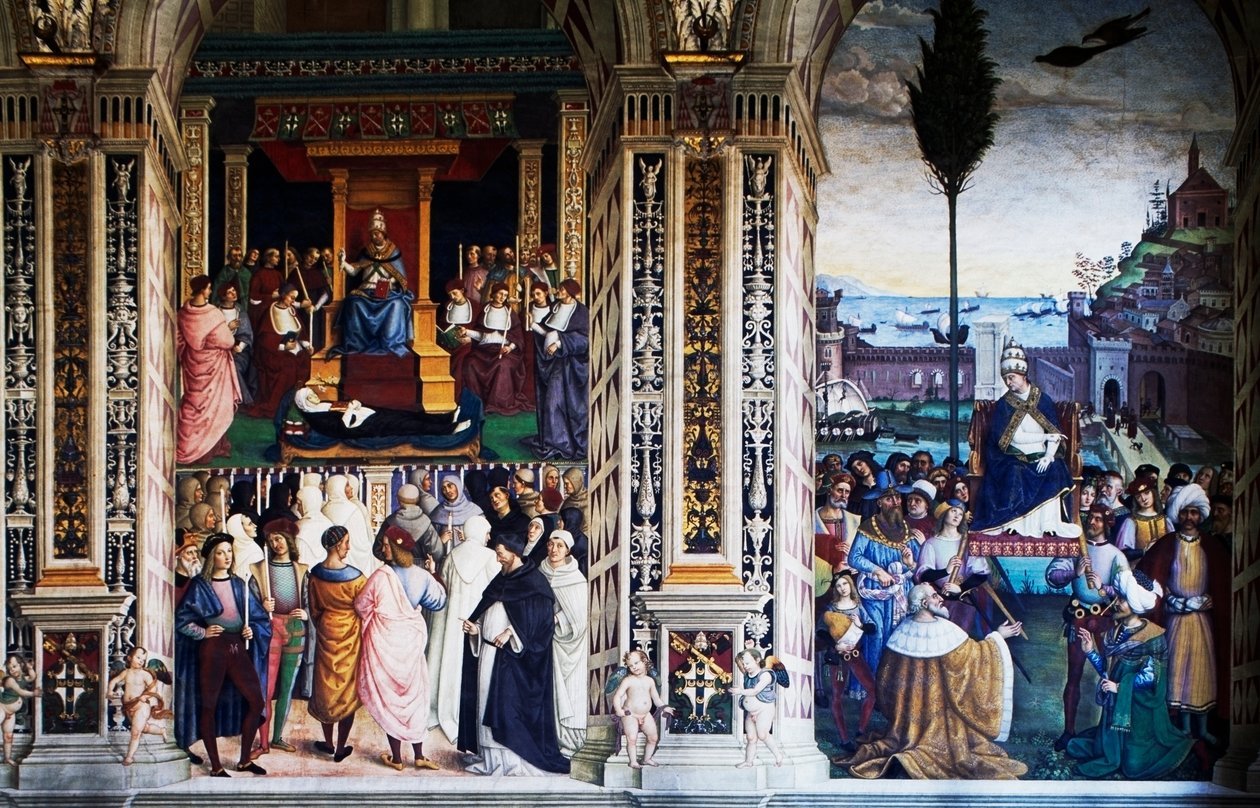Pius II přijíždí do Ancony, aby zahájil křížovou výpravu (16. století), freska od Pinturicchio (1452-1513), knihovna Piccolomini, katedrála Siena, Toskánsko, Itálie od Bernardino di Betto Pinturicchio