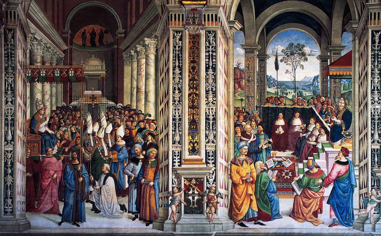 Pius II přijíždí do Ancony, aby zahájil křížovou výpravu (16. století), freska od Pinturicchio (1452-1513), knihovna Piccolomini, katedrála Siena, Toskánsko, Itálie od Bernardino di Betto Pinturicchio