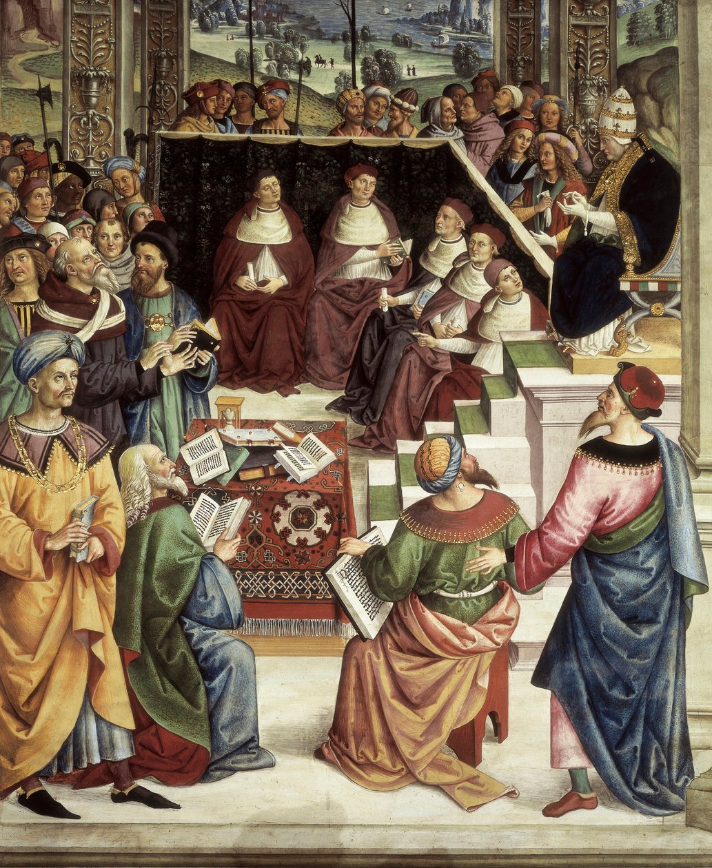 Pius II. se sešel v Mantově kvůli dietě organizované za účelem plánování křížové výpravy proti Turkům, detail Příběhů Pia II. od Bernardino di Betto Pinturicchio