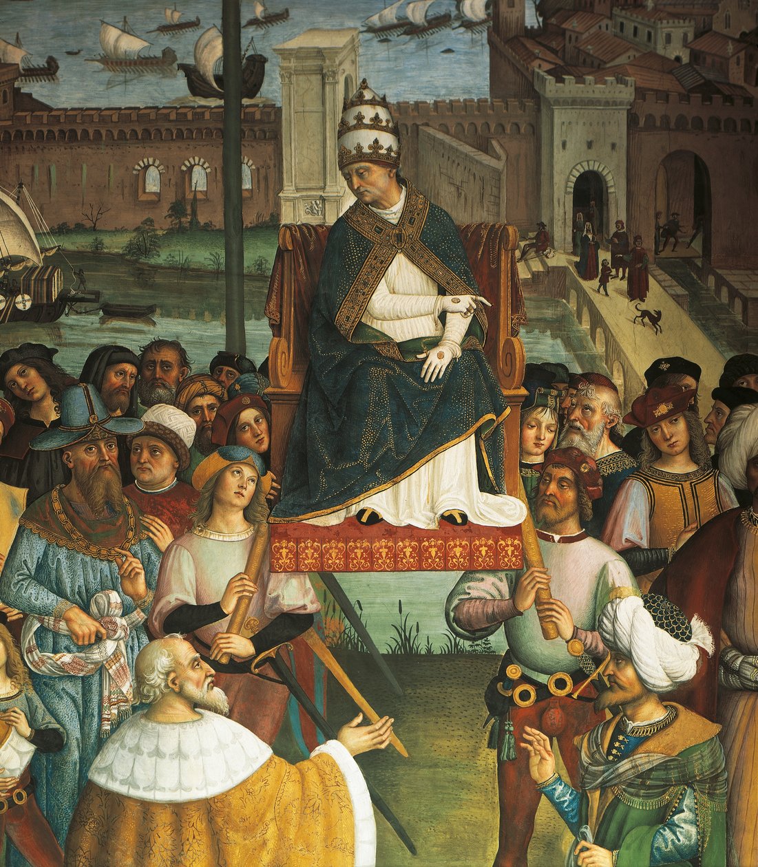 Pius II., detail od papeže Pia II. Piccolomini přijíždí do Ancony, aby zahájil křížovou výpravu od Bernardino di Betto Pinturicchio