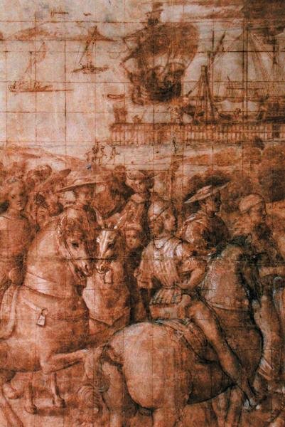 Přípravná karikatura pro „Aeneas Sylvius Piccolomini (1405-64) Cesty do Basilejského koncilu“ (pero a inkoust na papíře) (detail) od Bernardino di Betto Pinturicchio