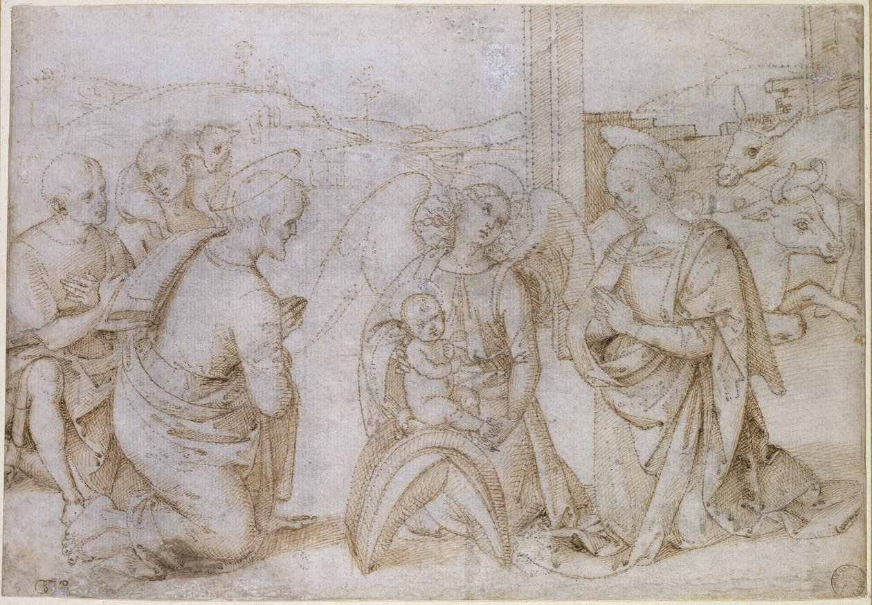 The Adoration of the Shepherds, WA1855.90 (pero a hnědý inkoust na špinavě bílém papíře, píchnuté pro přenos) od Bernardino di Betto Pinturicchio