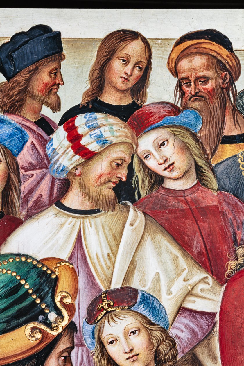 Knihovna Piccolomini, severovýchodní stěna: „Aeneas Sylvius pronáší řeč před skotským králem Jakubem I., zima 1435“ od Bernardino di Betto Pinturicchio