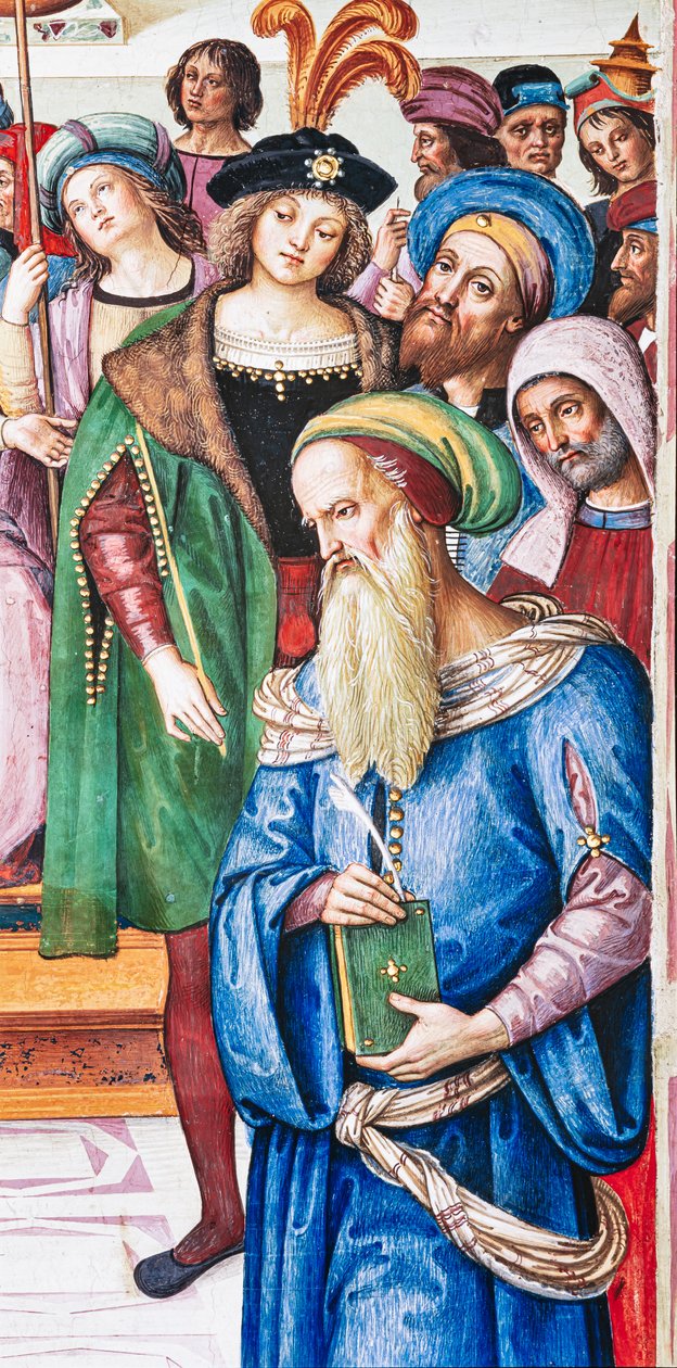 Knihovna Piccolomini, severovýchodní stěna: „Aeneas Sylvius pronáší řeč před skotským králem Jakubem I., zima 1435“ od Bernardino di Betto Pinturicchio