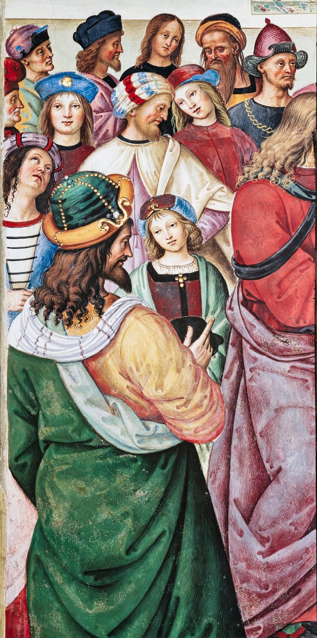 Knihovna Piccolomini, severovýchodní stěna: „Aeneas Sylvius pronáší řeč před skotským králem Jakubem I., zima 1435“ od Bernardino di Betto Pinturicchio
