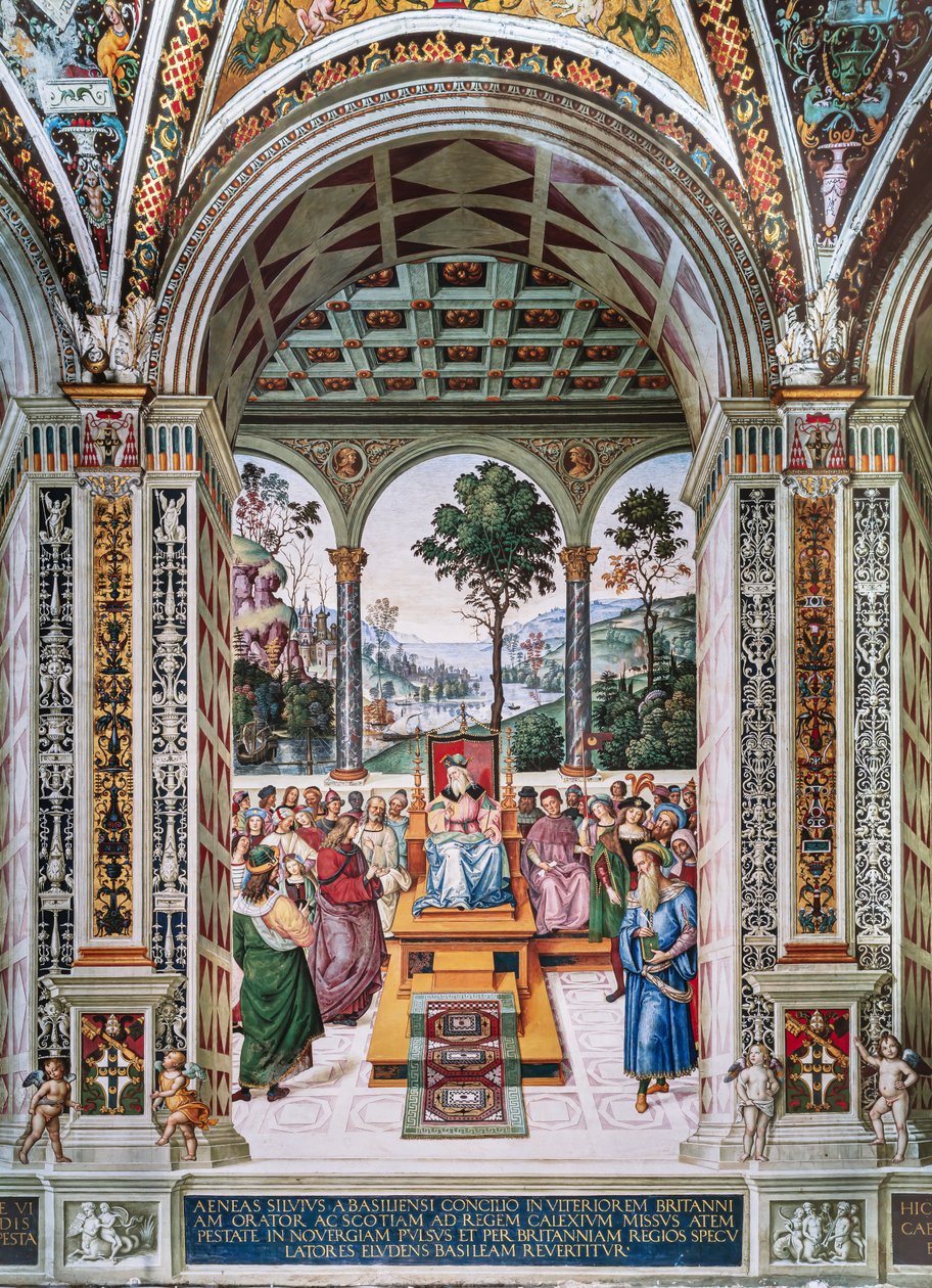 Knihovna Piccolomini, severovýchodní stěna: „Aeneas Sylvius pronáší řeč před skotským králem Jakubem I., zima 1435“ od Bernardino di Betto Pinturicchio