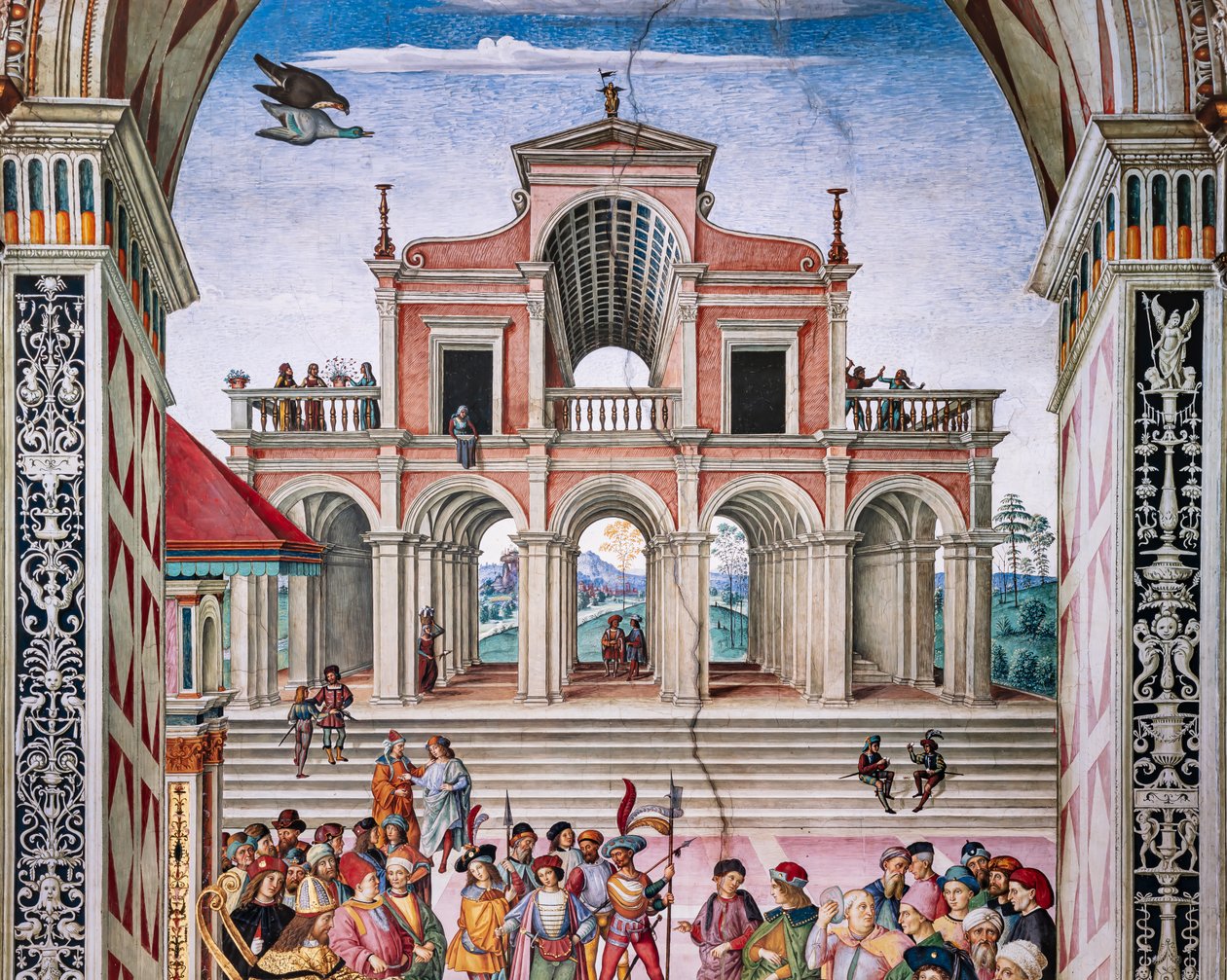 Knihovna Piccolomini, severovýchodní stěna: „Aeneas Sylvius je korunován císařem Fridrichem III. na laureáta básníka, 27. července od Bernardino di Betto Pinturicchio