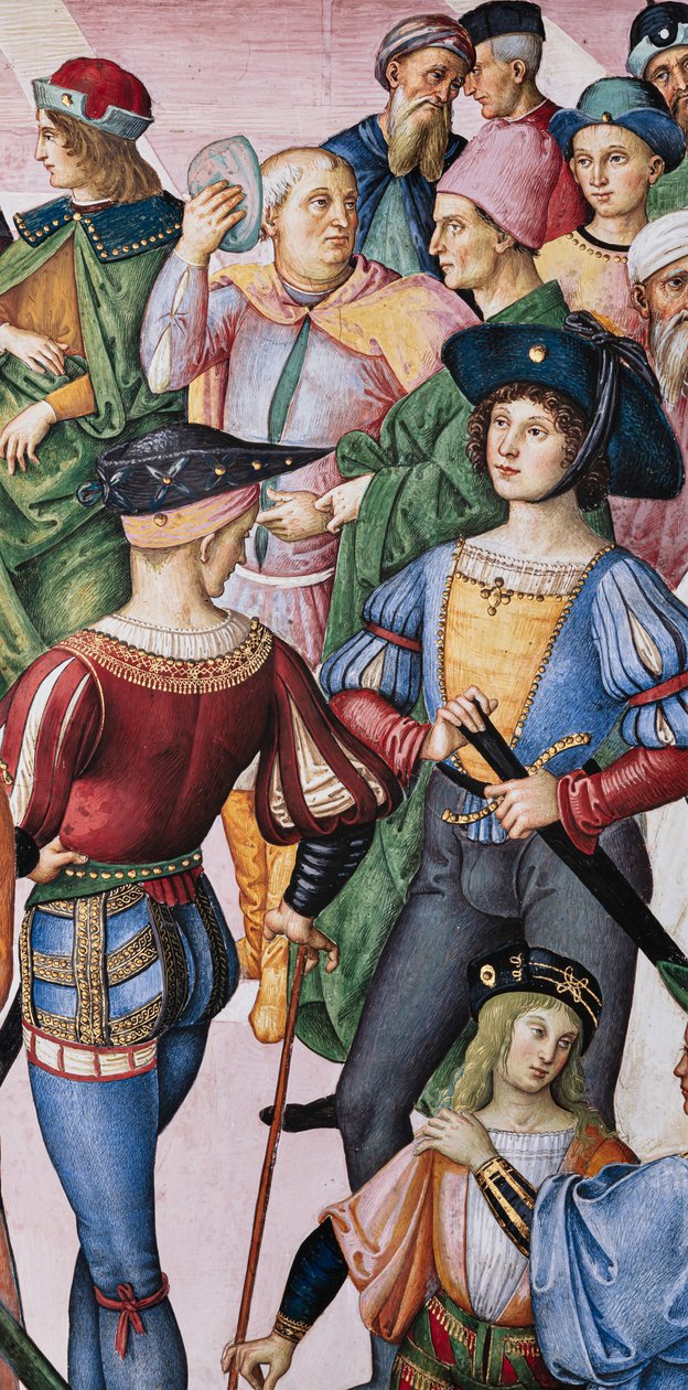 Knihovna Piccolomini, severovýchodní stěna: „Aeneas Sylvius je korunován císařem Fridrichem III. na laureáta básníka, 27. července od Bernardino di Betto Pinturicchio