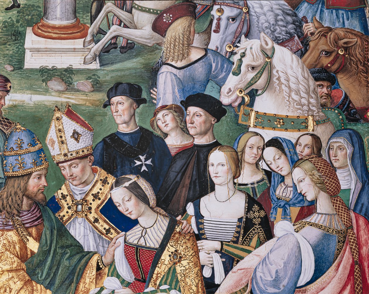 Knihovna Piccolomini, jihovýchodní stěna: „Aeneas Sylvius představuje Eleonoru Aragonskou Fridrichu III., 24. února od Bernardino di Betto Pinturicchio