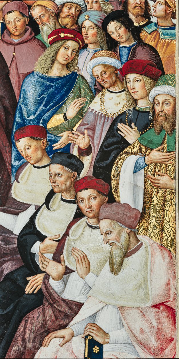 Knihovna Piccolomini, jihovýchodní stěna: „Aeneas Sylvius dostává kardinálův klobouk od papeže Kalixta III., 17. prosince od Bernardino di Betto Pinturicchio