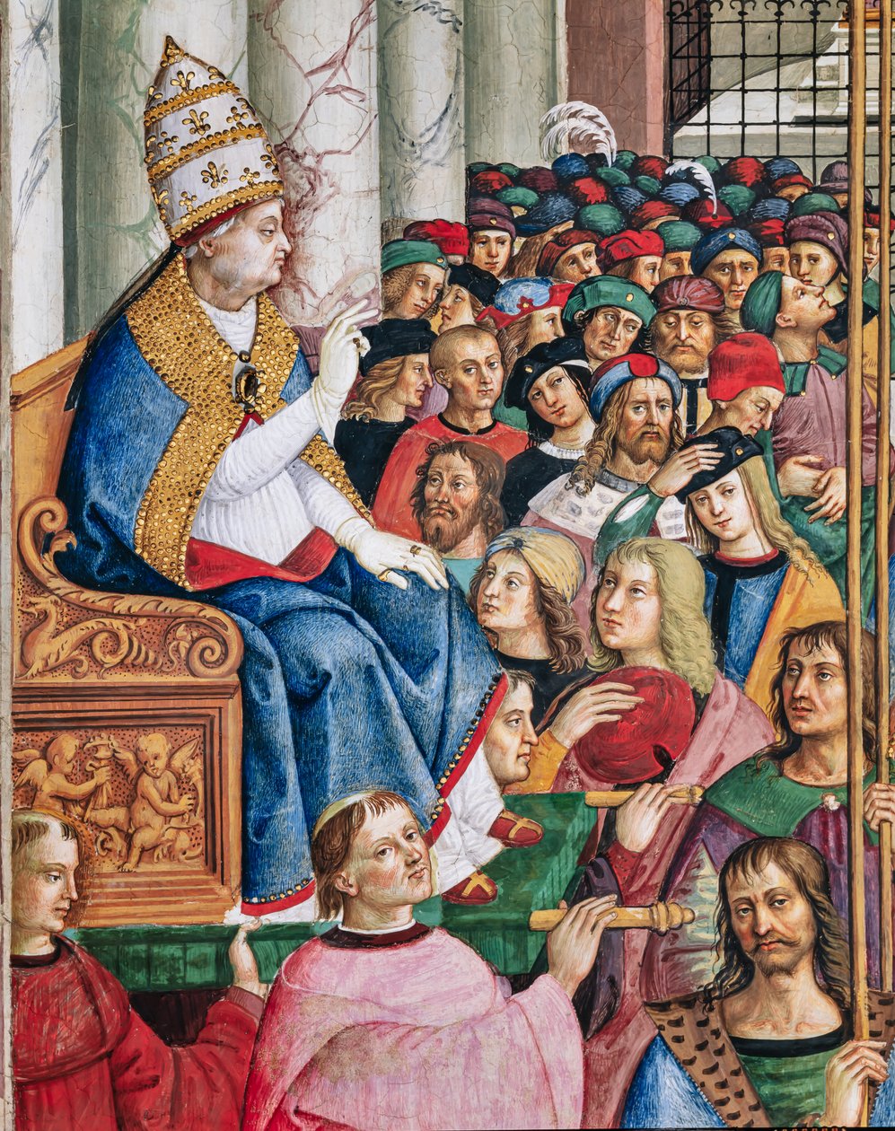 Knihovna Piccolomini, jihozápadní stěna: „Aeneas Sylvius, zvolený papežem jménem Pius II., vstupuje do St. Peter’s, 3. září od Bernardino di Betto Pinturicchio