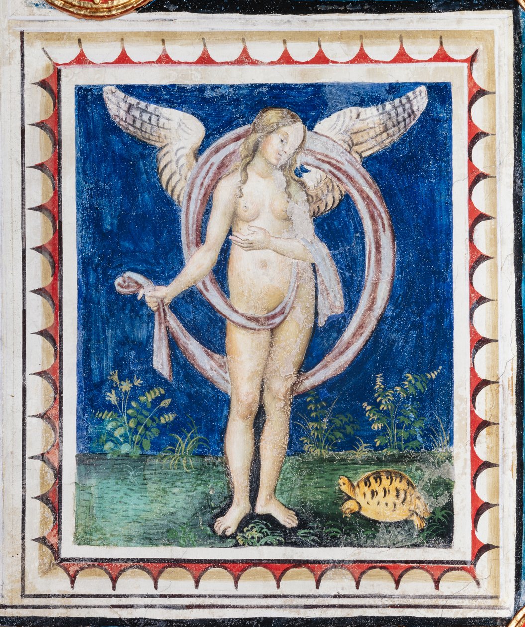 Knihovna Piccolomini, strop, panel s alegorií Providence, freska od Bernardina di Betto, známého jako Pinturicchio. od Bernardino di Betto Pinturicchio