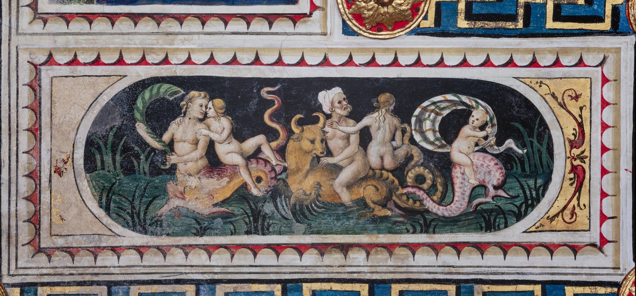 Knihovna Piccolomini, strop: menší panel s výjevem námořního thiasa (tritony, putto a nereida), freska od Bernardina di Betto, známého jako Pinturicchio. od Bernardino di Betto Pinturicchio