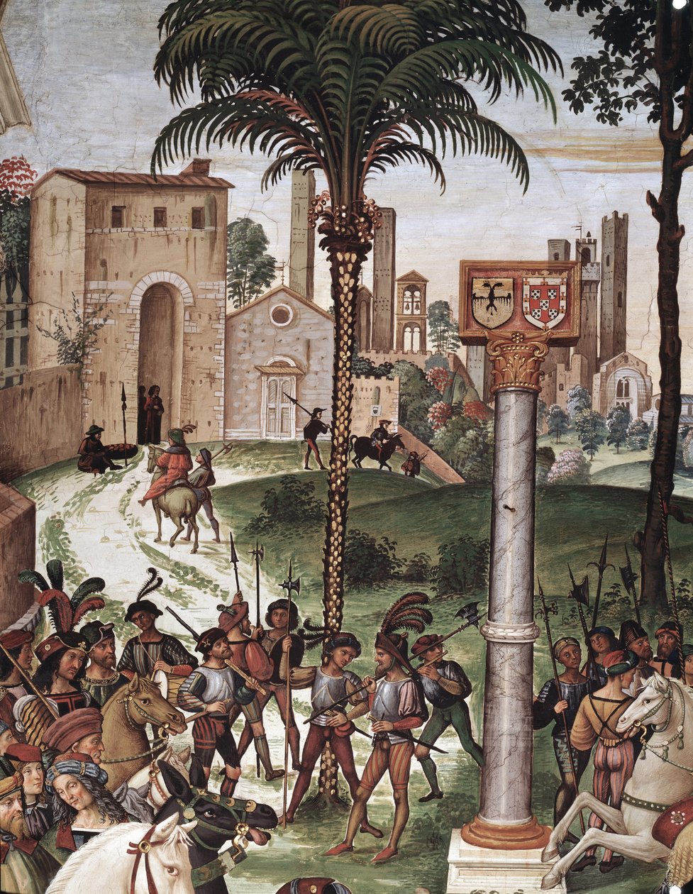 Biskup Enee Silvio Piccolomini (Pius II.) představuje Eleonoru Aragonskou císaři Fridrichu III. ze Svaté říše. Detail - Čerstvé od Bernardino di Betto Pinturicchio