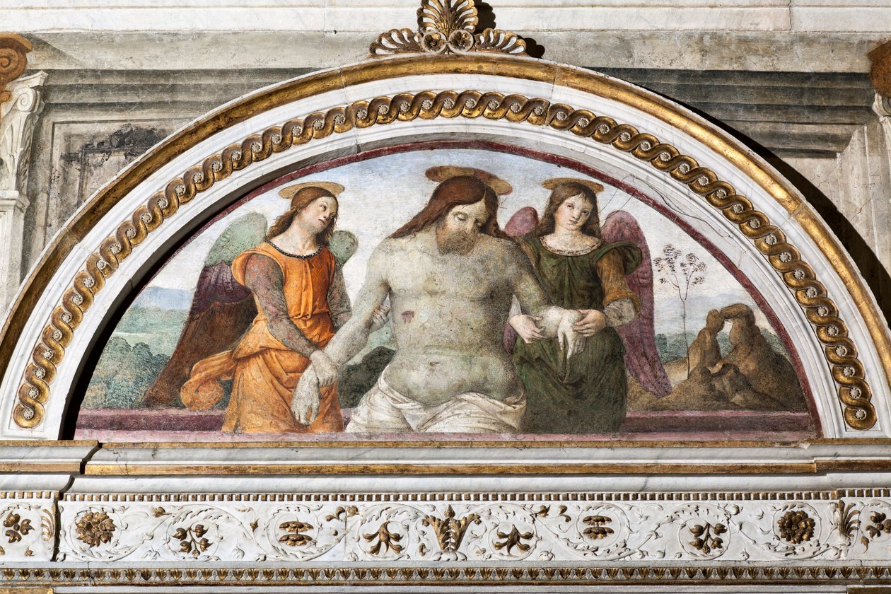 Mrtvý Kristus podepřený dvěma anděly - Freska od Pinturicchia (Bernardino di Betto) (1454-1513) 1484-1492 Řím, Basilica di Santa Maria del Popolo (kostel Santa Maria del Popolo), kaple Basso della Rovere Itálie od Bernardino di Betto Pinturicchio