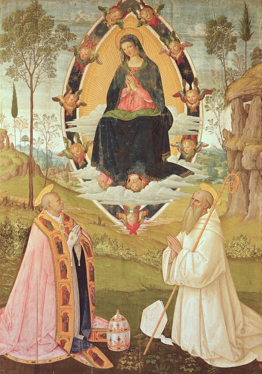 Panna ve slávě se sv. Řehořem a sv. Benediktem (tempera na panelu) od Bernardino di Betto Pinturicchio
