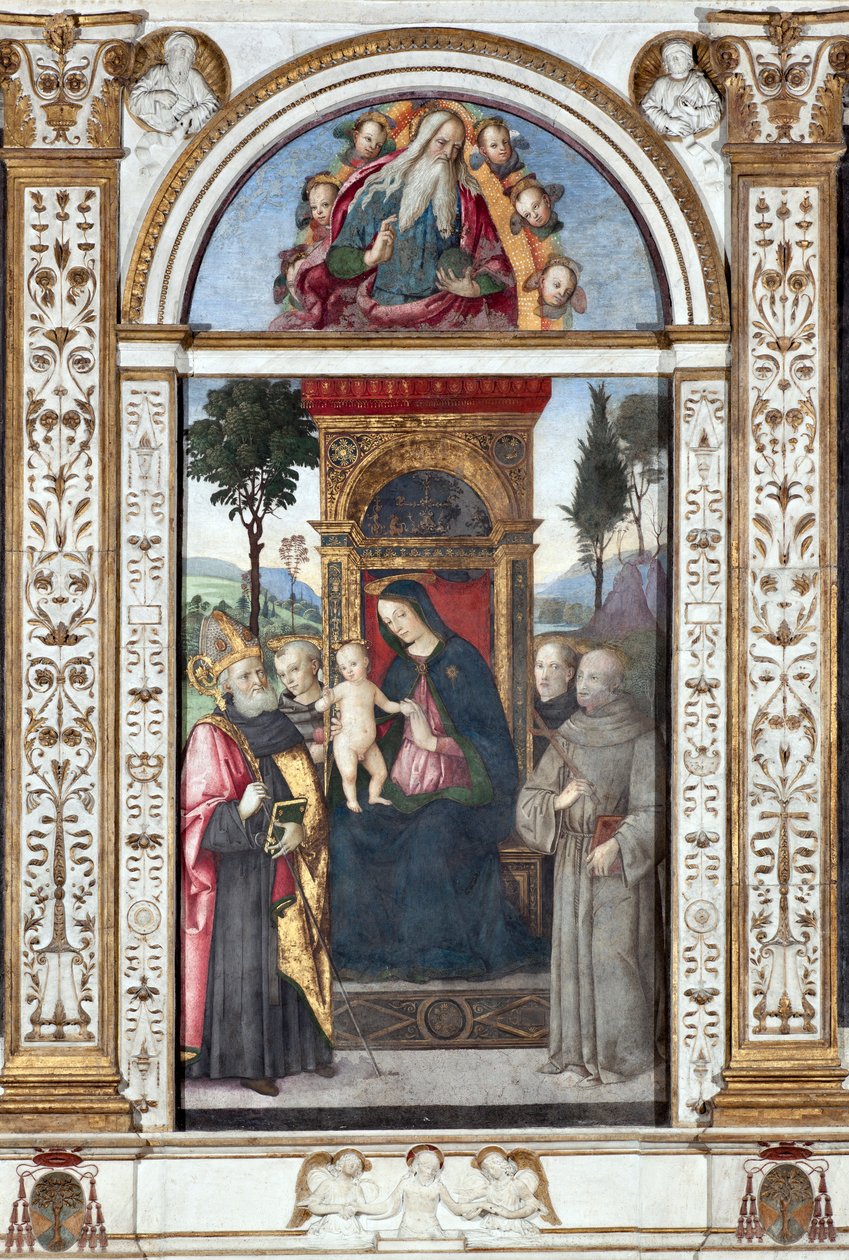 Panna s dítětem a svatý Augustin, svatý František a svatý Antonín Paduánský - Freska od Pinturicchia (Bernardino di Betto) (1454-1513) 1484-1492 Řím, Basilica di Santa Maria del Popolo (kostel Santa Maria del Popolo), kaple Basso della Rovere Itálie od Bernardino di Betto Pinturicchio