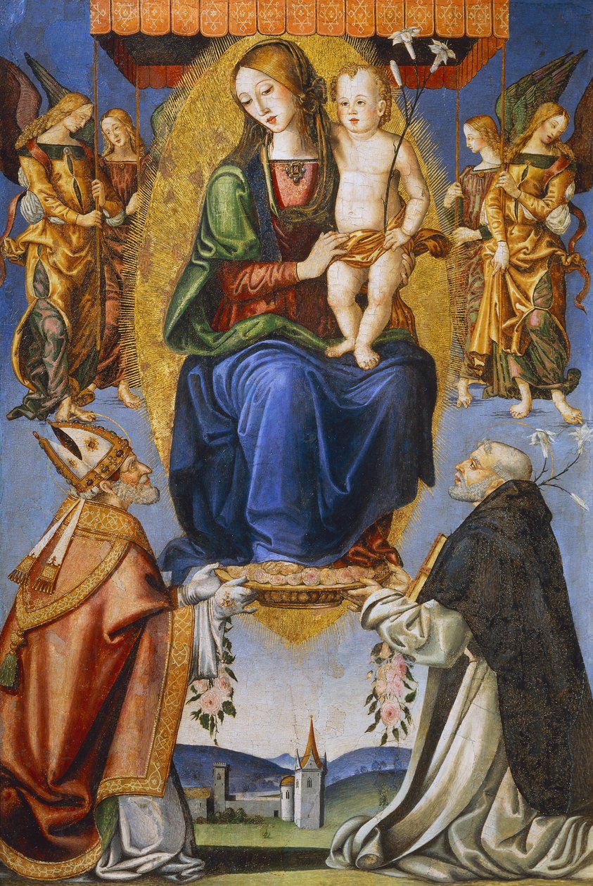 Madonna a dítě se svatým Severinem a Dominikem (tempera na plátně) od Bernardino di Mariotto