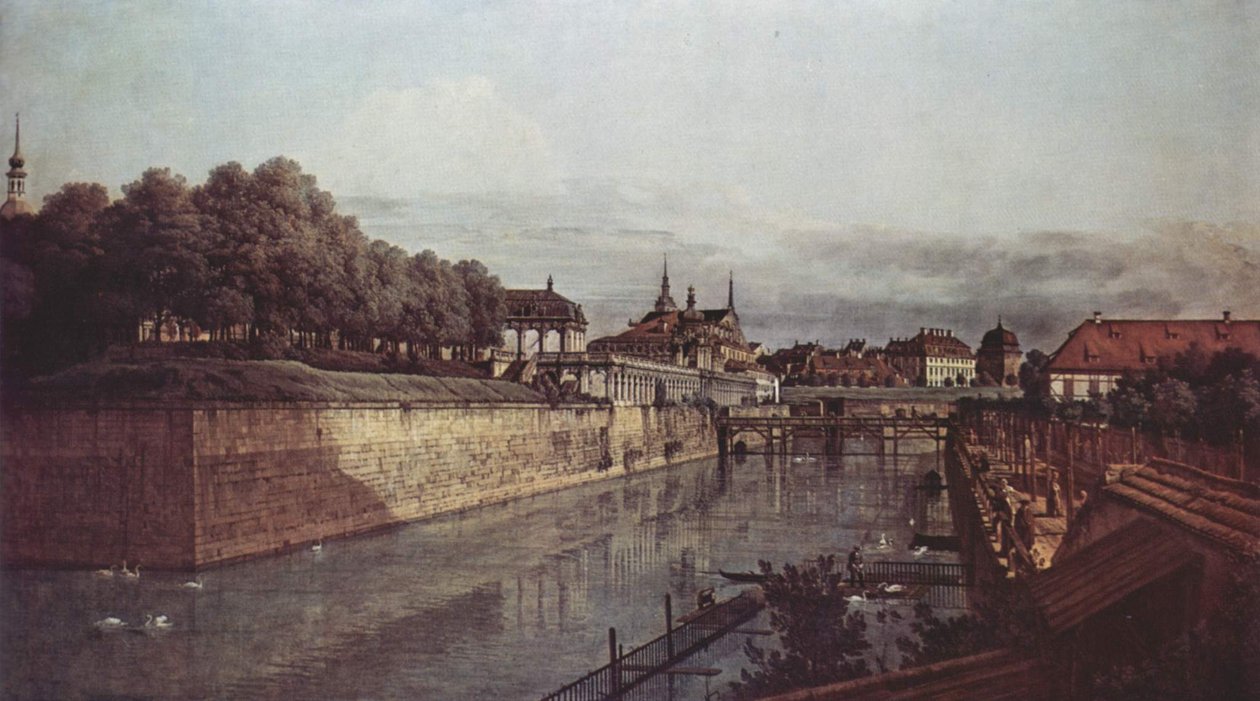 Pohled na Drážďany, starý příkop Zwinger, při pohledu z oranžerie směrem k městu od Bernardo Bellotto