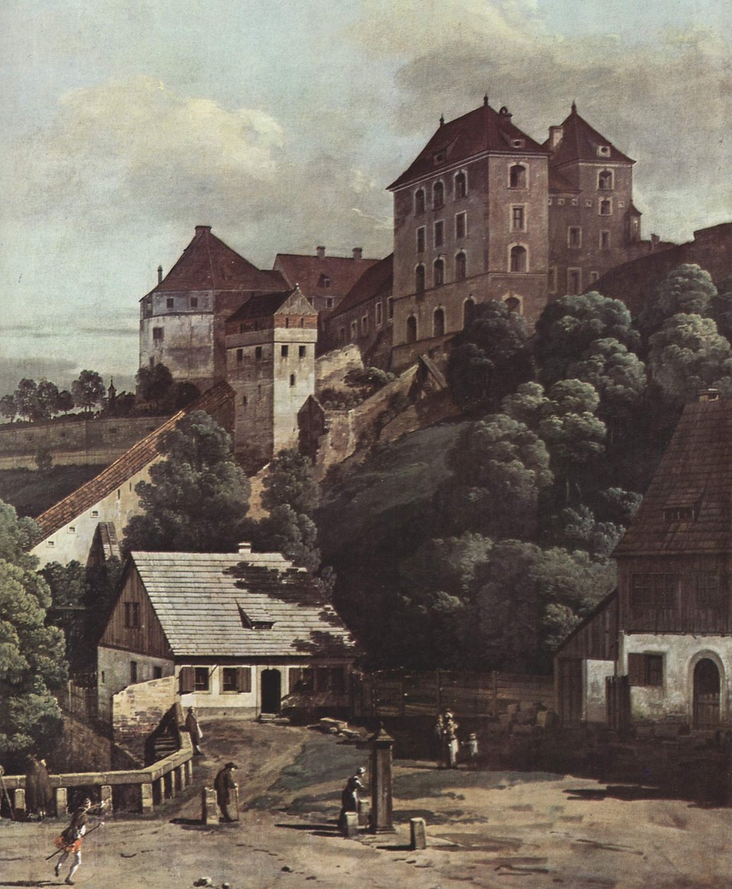 Pohled na Pirnu, Pirna při pohledu z jihu, s opevněním a horní branou (městskou bránou) a pevností Sonnenstein od Bernardo Bellotto