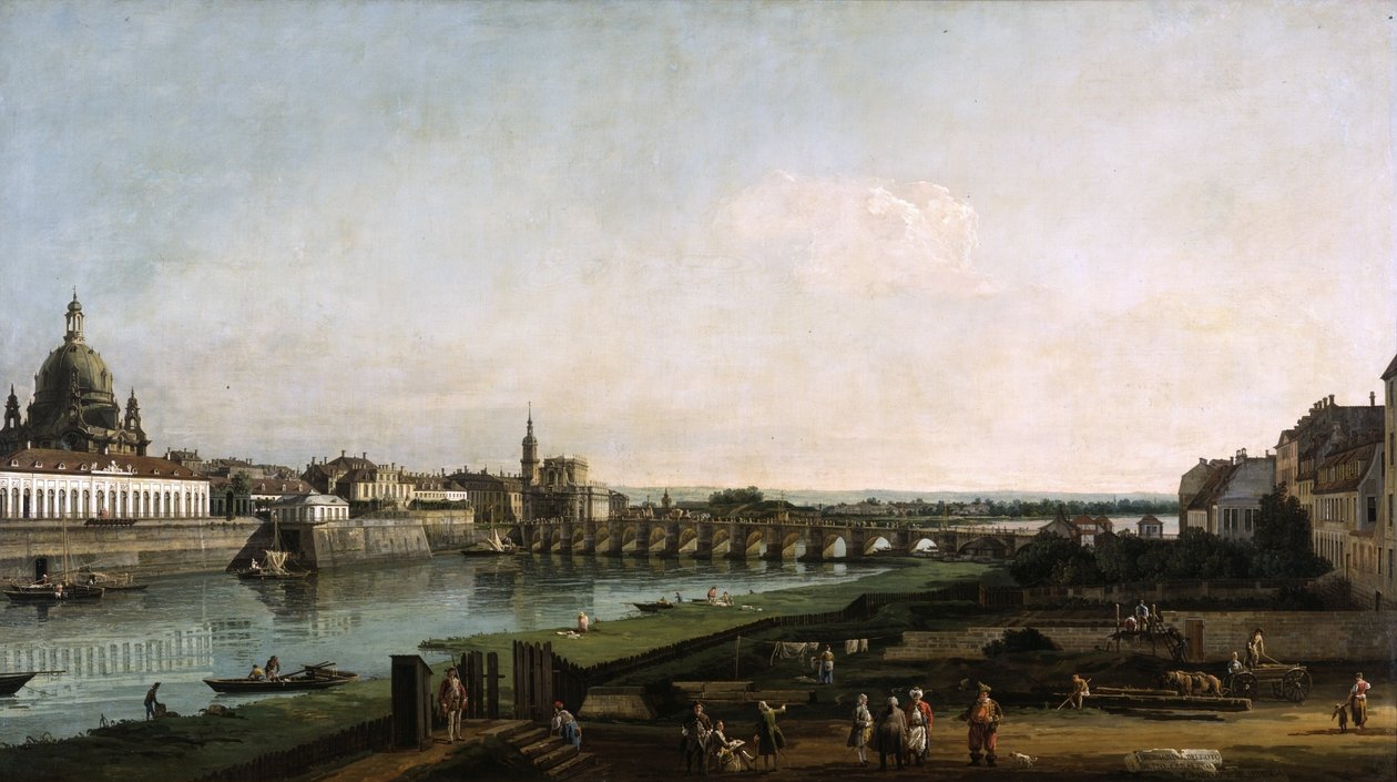 Drážďany z pravého břehu Labe, nad Augustusbrücke od Bernardo Bellotto