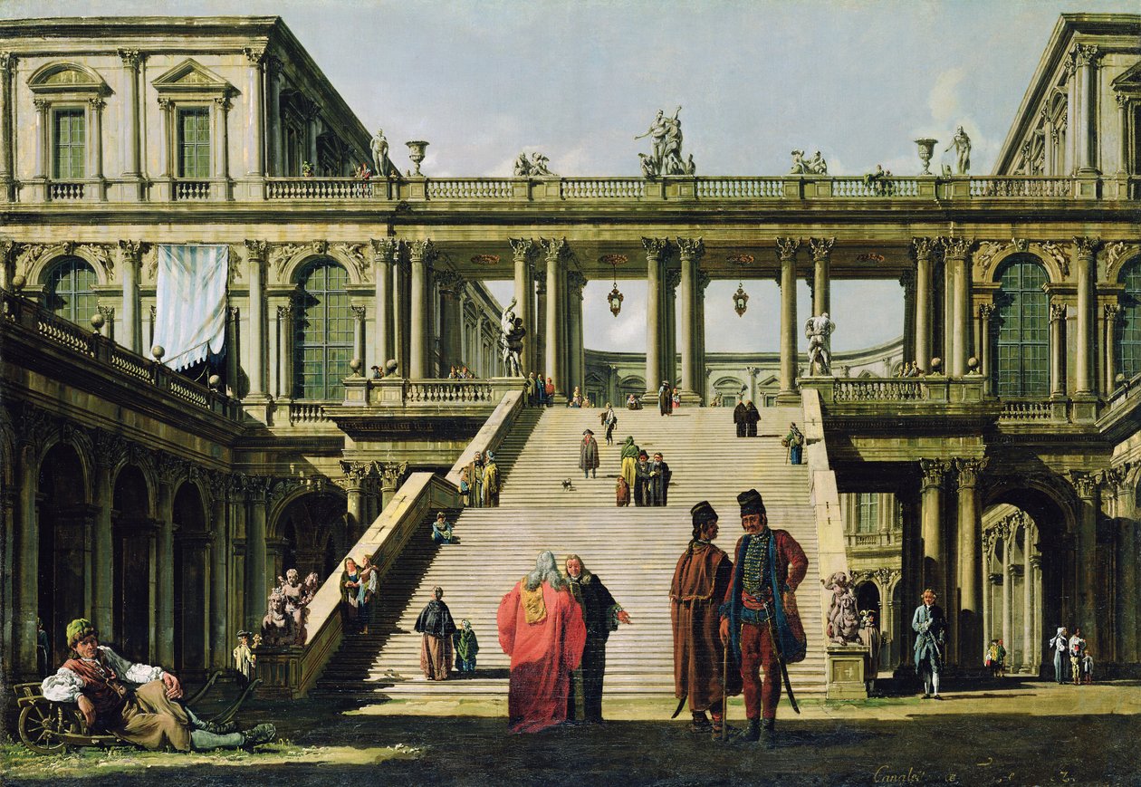 Ideální krajina s palácovými schody, 1762 od Bernardo Bellotto