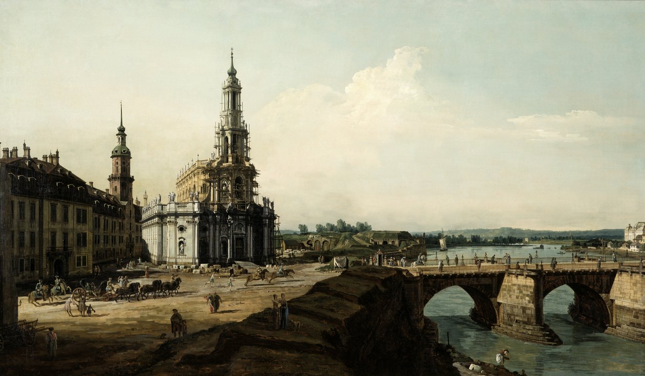 Pohled na Drážďany z levého břehu řeky Labe, nahoru z předmostí historického centra města od Bernardo Bellotto