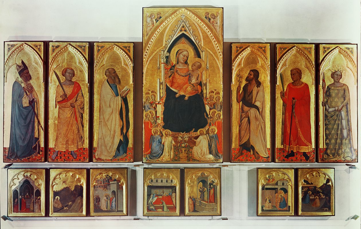 Panna a dítě se svatými, rozbitý polyptych (dohromady panely a části predely: vyloučení Joachima z chrámu, oznámení anděla Joachimovi, setkání a od Bernardo Daddi