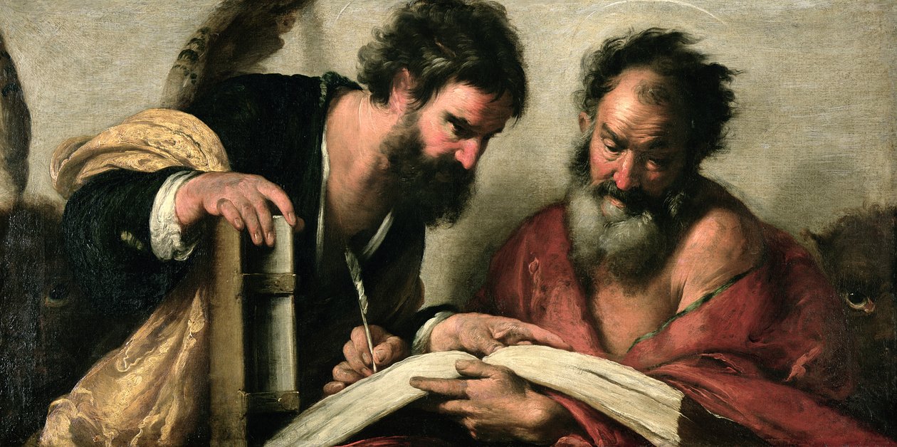 Svatí Jan Evangelista a Marek diskutují o svých spisech od Bernardo Strozzi