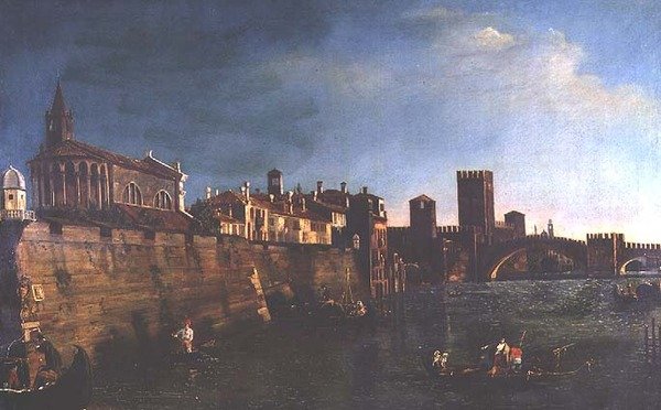 Pohled na Veronu s Castello Vecchio a Ponte Vecchio (olej na plátně) od Bernardo (manner of) Bellotto