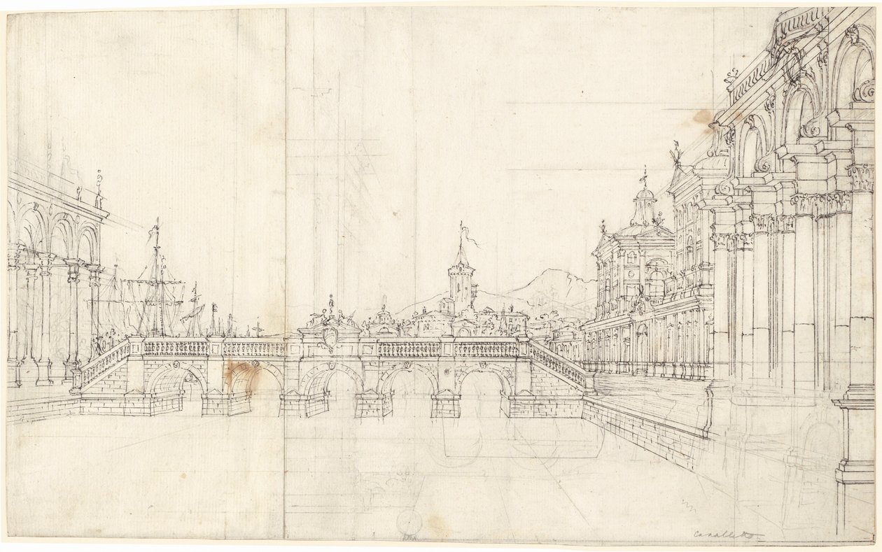 Capriccio paláců a lodžie s výhledem na klasický most od Bernardo Bellotto