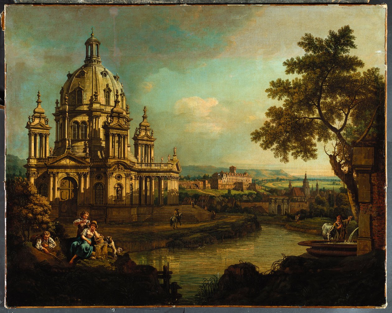 Capriccio s klenutým kostelem a budovami v Pirně, kolem roku 1765 od Bernardo Bellotto