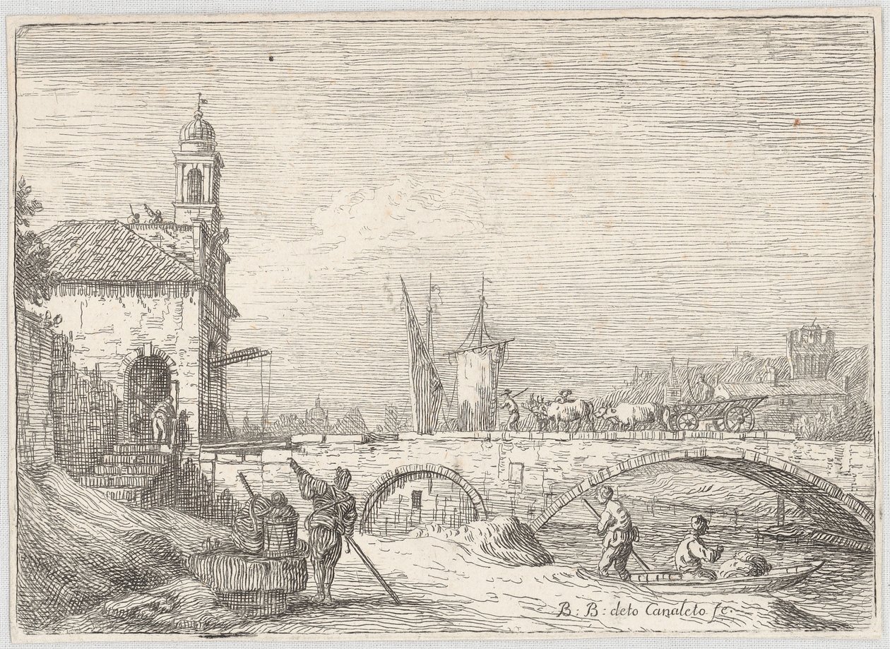 Capriccio s mostem a bránou ve stylu padovské Porta Portello od Bernardo Bellotto