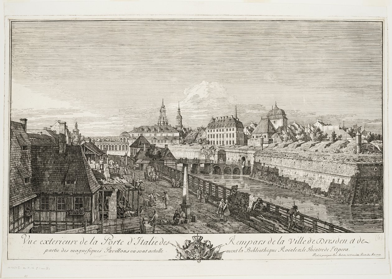 Vnější pohled na italskou bránu opevnění města Drážďany od Bernardo Bellotto