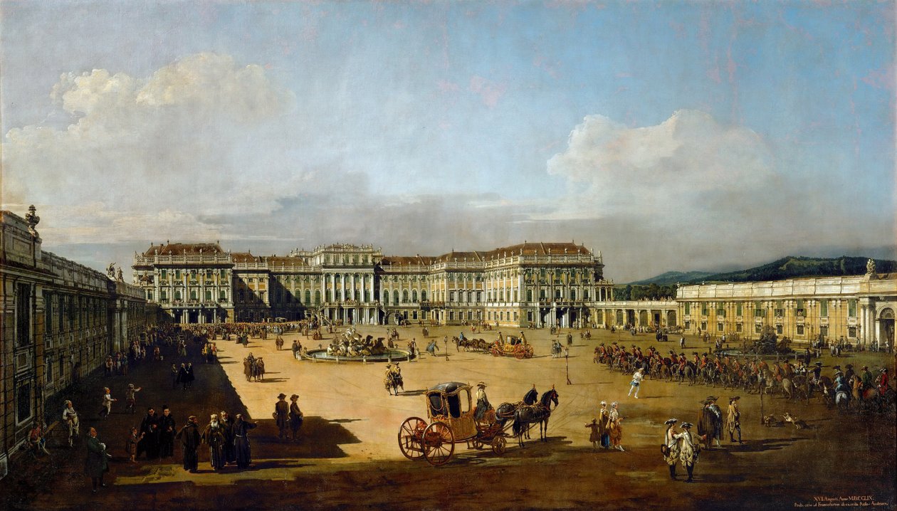 Zámek Schönbrunn při pohledu z přední strany, mezi 1758 a 1761 od Bernardo Bellotto