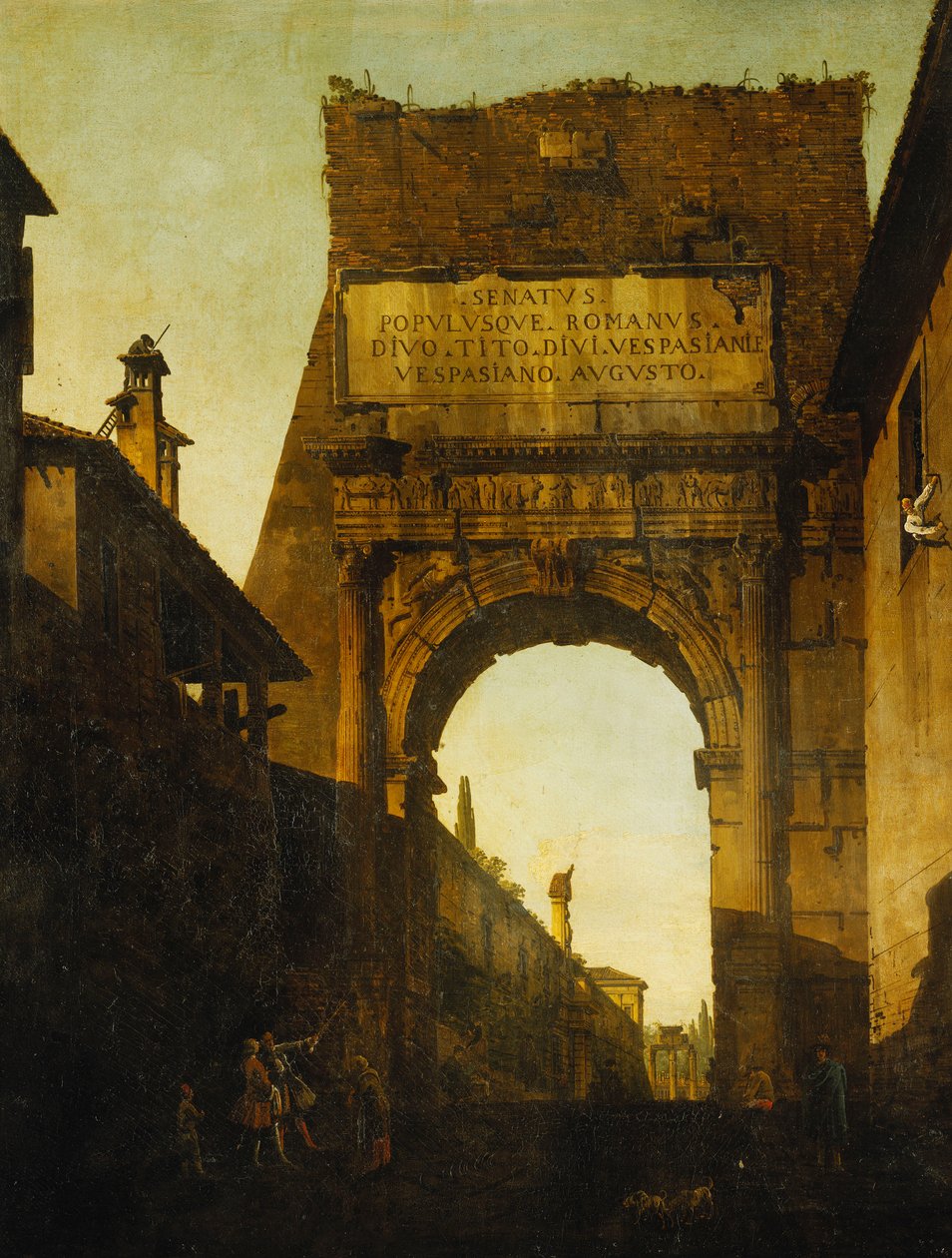 Titův oblouk v Římě se zdí a branou zahrad Farnese a dále chrámem Castora a Polluxa, dva turisté v popředí, od Bernardo Bellotto