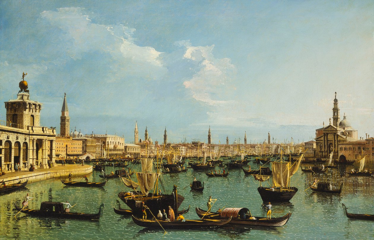 Bacino di San Marco, Benátky, od kanálu Giudecca s Doganou, Molo, Riva degli Schiavoni, kostel San Giorgio Maggiore a četné lodě, od Bernardo Bellotto