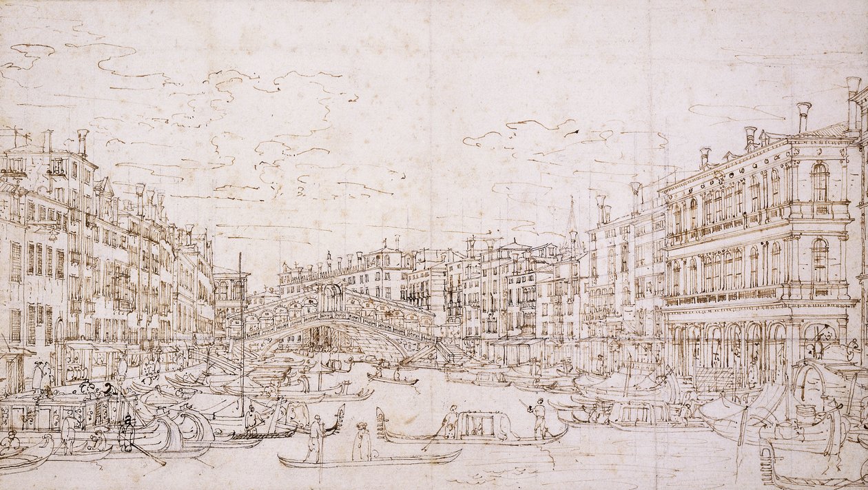 Canal Grande, Benátky, s mostem Rialto z jihu, od Bernardo Bellotto