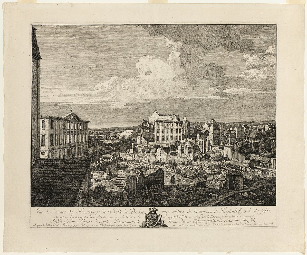 Ruiny Pirnaischer Suburb s Palais Fürstenhof od Bernardo Bellotto