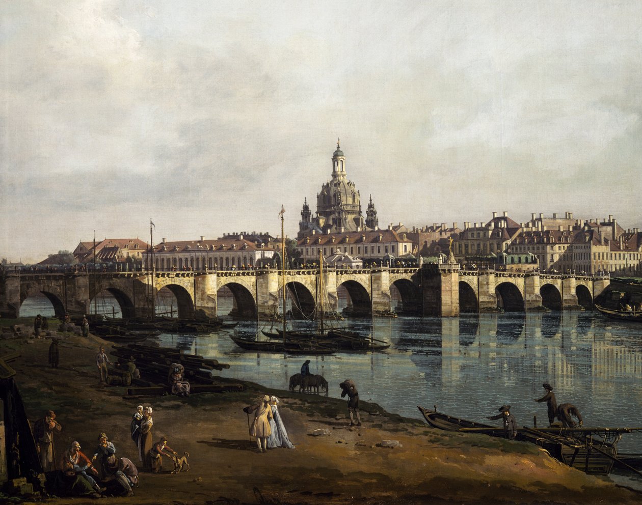 Pohled na Drážďany z pravého břehu Labe proti proudu od Augustova mostu, kolem roku 1750 (olej na plátně) od Bernardo Bellotto