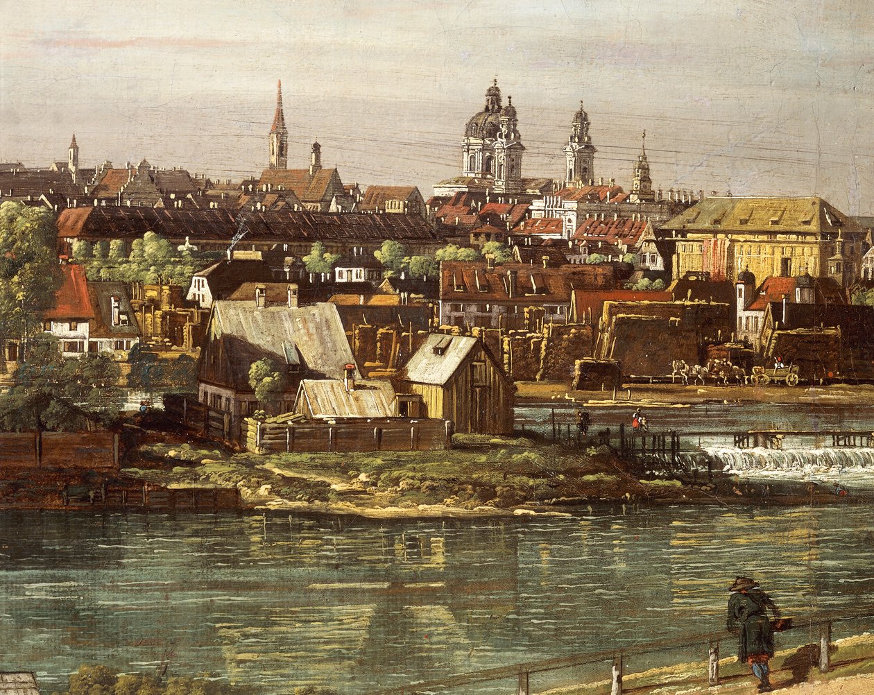 Pohled na Mnichov z Haidhausenu s řekou Isar uprostřed, detail od Bernardo Bellotto