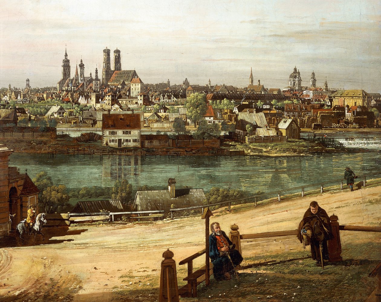 Pohled na Mnichov z Haidhausenu s řekou Isar uprostřed, detail od Bernardo Bellotto