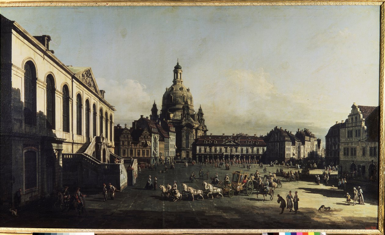 ""Pohled na Nové náměstí v Drážďanech"" (Neumarkt v Drážďanech) Můžeme si prohlédnout kostel Panny Marie (Notre-Dame) (Frauenkirche) Obraz Bernarda Bellotta (1720-1780) 1747 Rozměr 134x236 cm Muzeum sv. Ermitáž, Petrohrad (St. Petersburg) od Bernardo Bellotto
